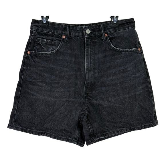 Zara High Waisted Loose Fit Classic Cotton Denim Jean Shorts 10 Black #3805 - Picture 1 of 15